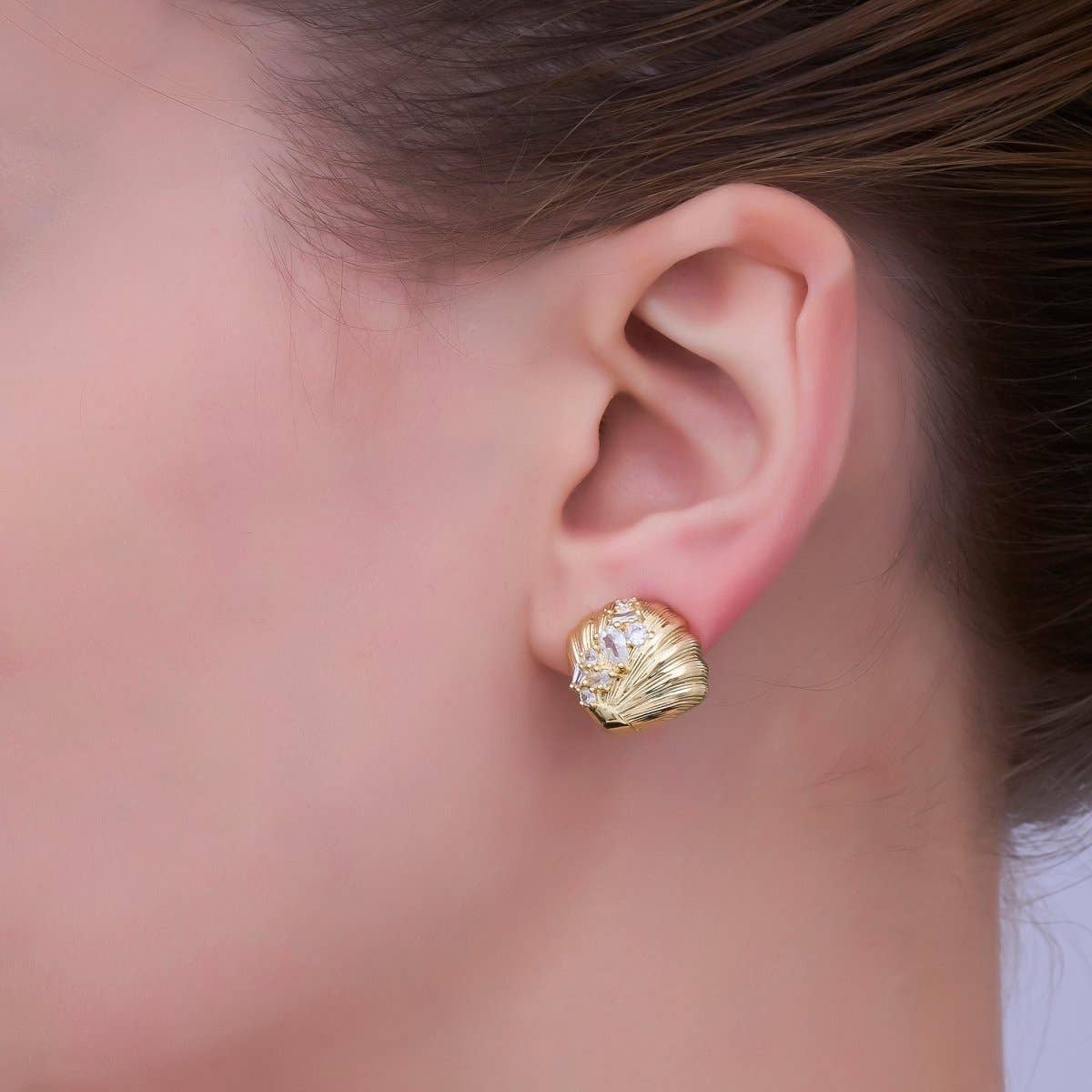 24K Gold Filled CZ Cluster Lined Sea Shell Stud Earrings | AB709