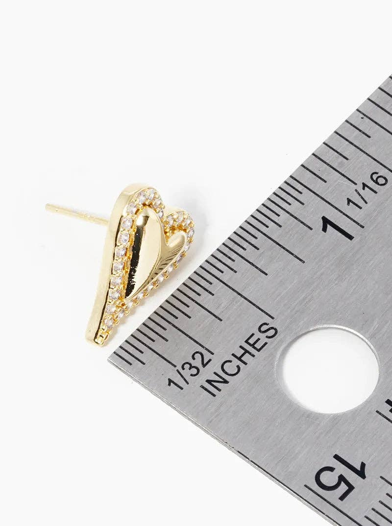 18K Gold Dipped Cz Pave Heart Post Stud Earrings: Rhodium