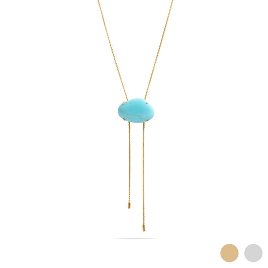 18K Gold PVD Stainless Steel Turquoise Charm Bolo Necklace: Stainless