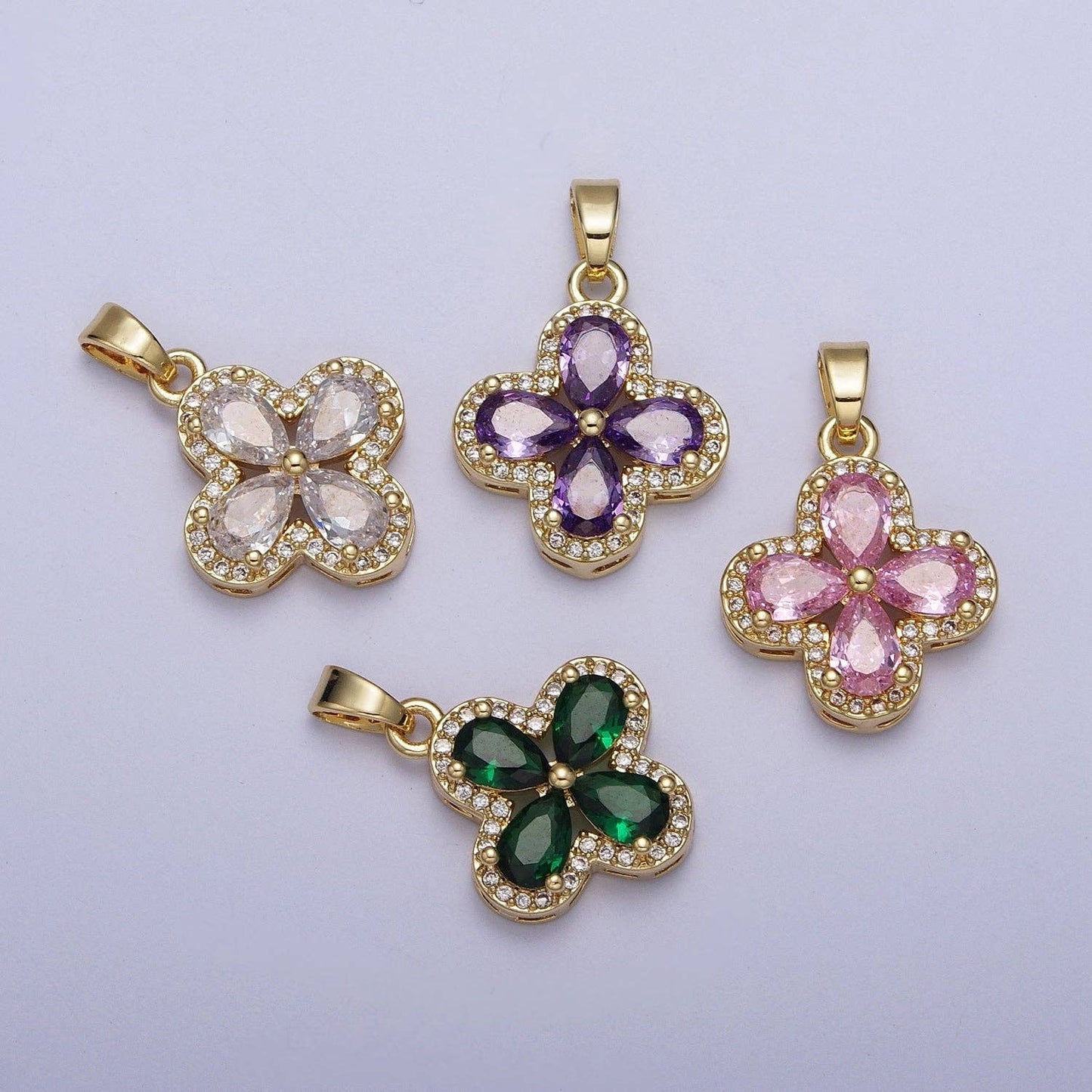 Micro Paved Quatrefoil Lucky Clover Pendant with Teardrop Cubic Zirconia Pendant For DIY Necklace Making | X-516-X-519: Clear