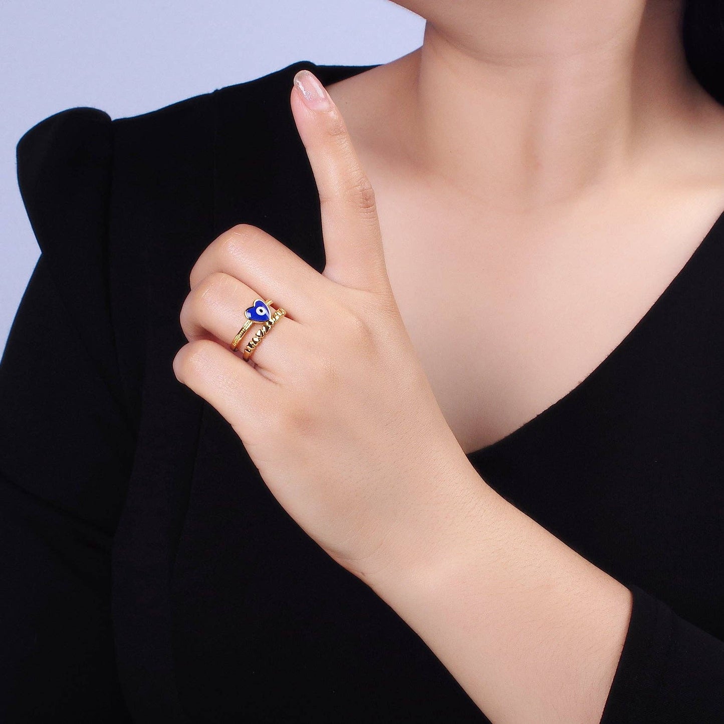 GoldFilled White/Blue Evil Eye Heart Beaded Double Band Ring: White