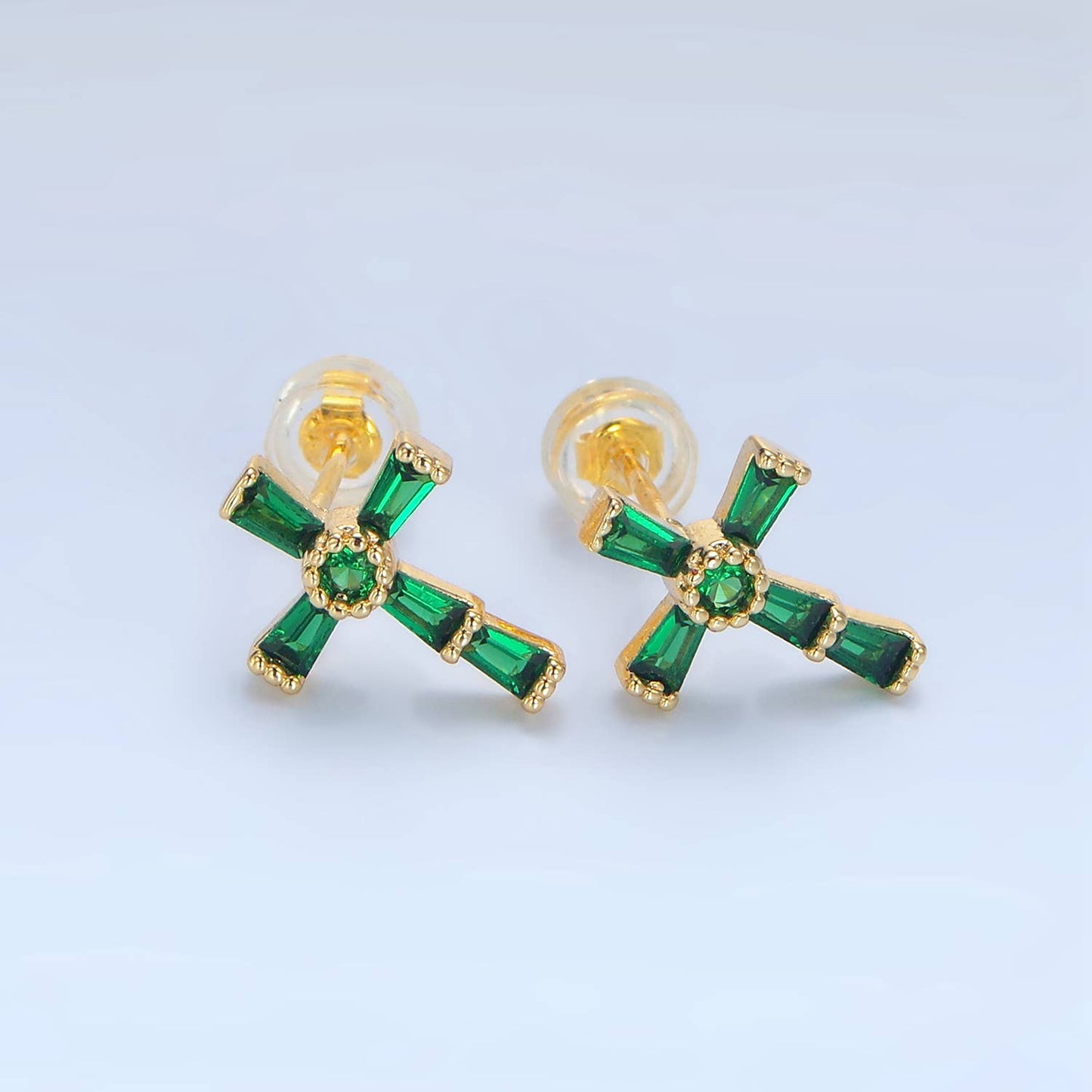 24K Gold Filled CZ Religious Cross Studs | P053 - P061 : Fuchsia