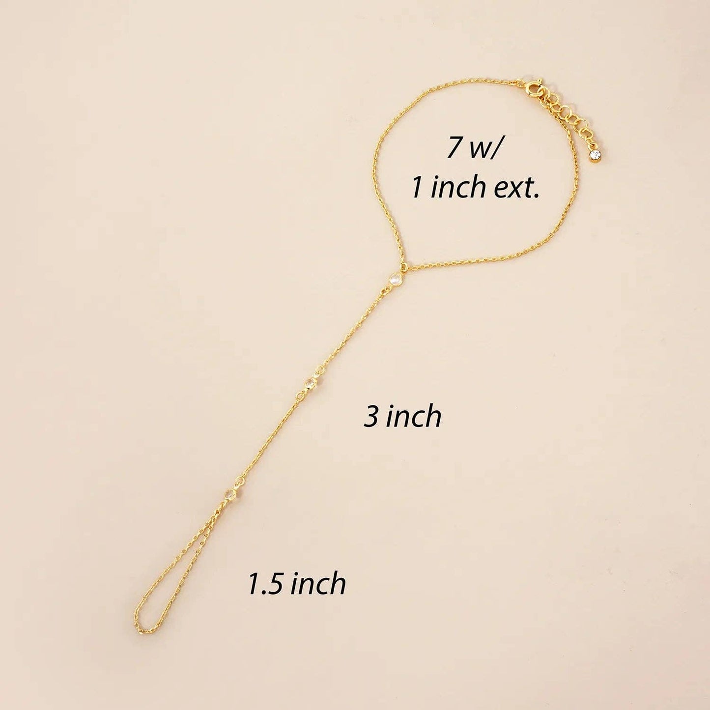 Three Round CZ Accent 18K-Gold-Dipped Delicate Brass Hand-Chain Bracelet: Rhodium