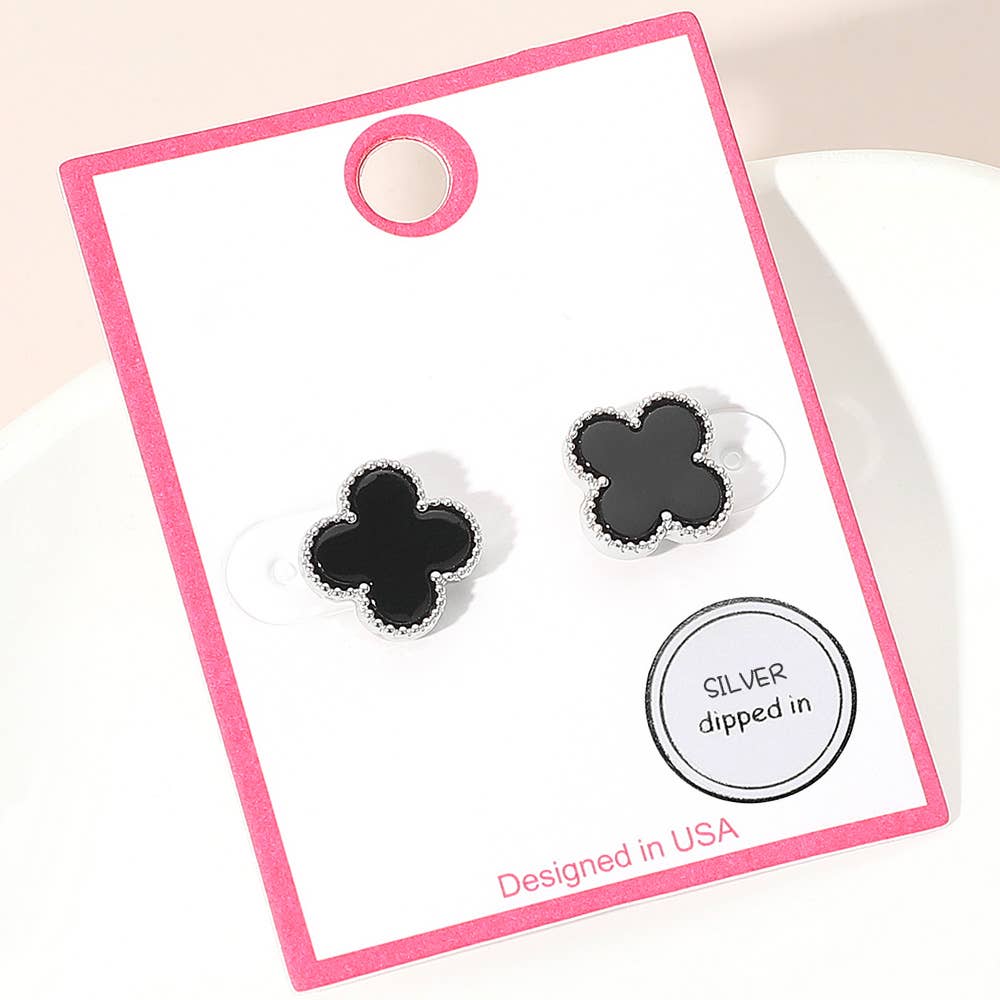 Gold Dipped Quatrefoil Stud Earrings: Rhodium,White
