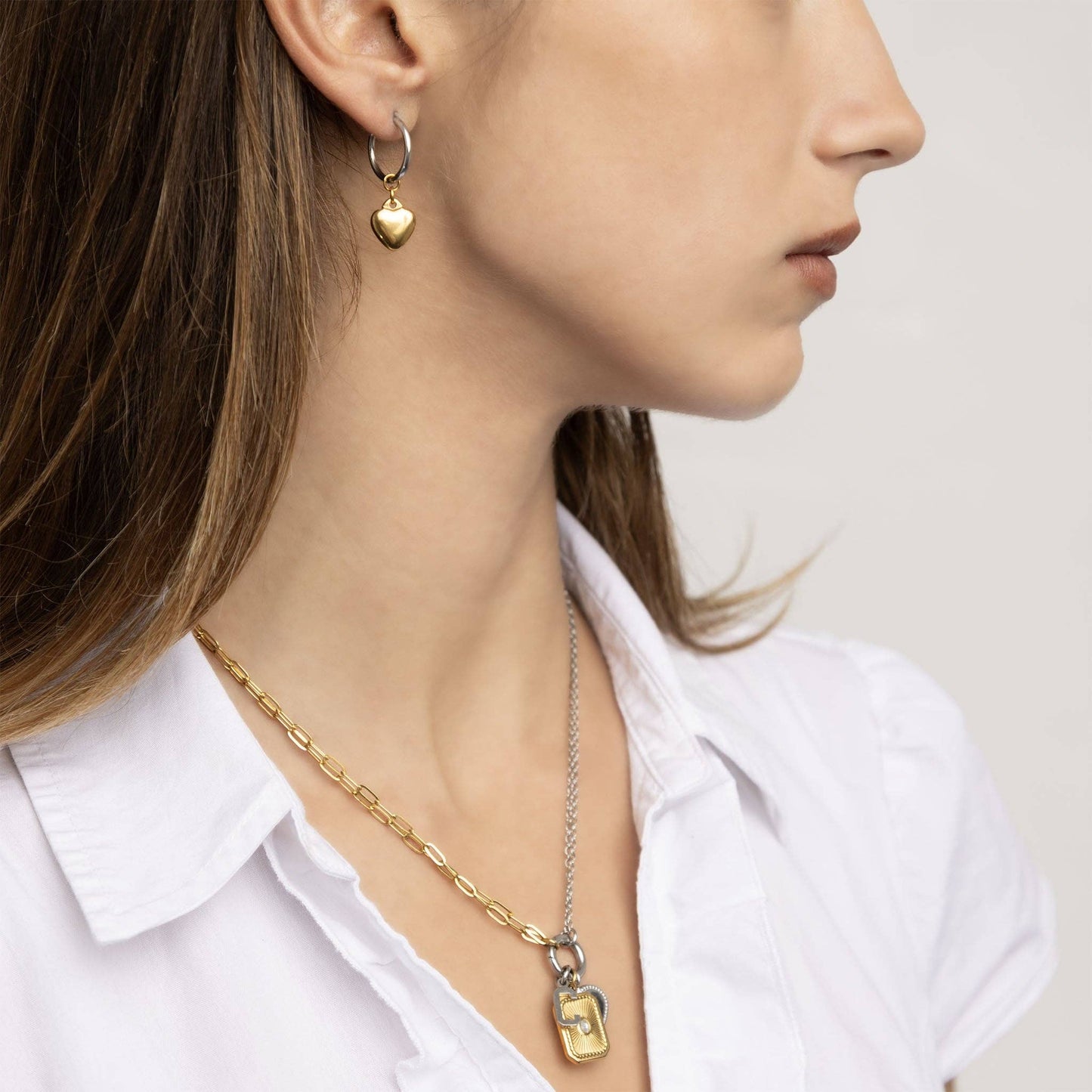18K Gold Stainless Steel Mixed Metal Heart Charm Earrings: Gold
