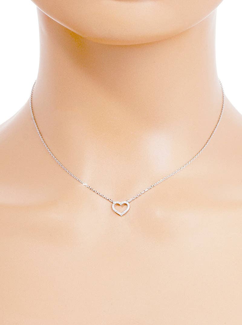 White Gold Dipped CZ Pave Heart Pendant Delicate Necklace: Gold-Crystal