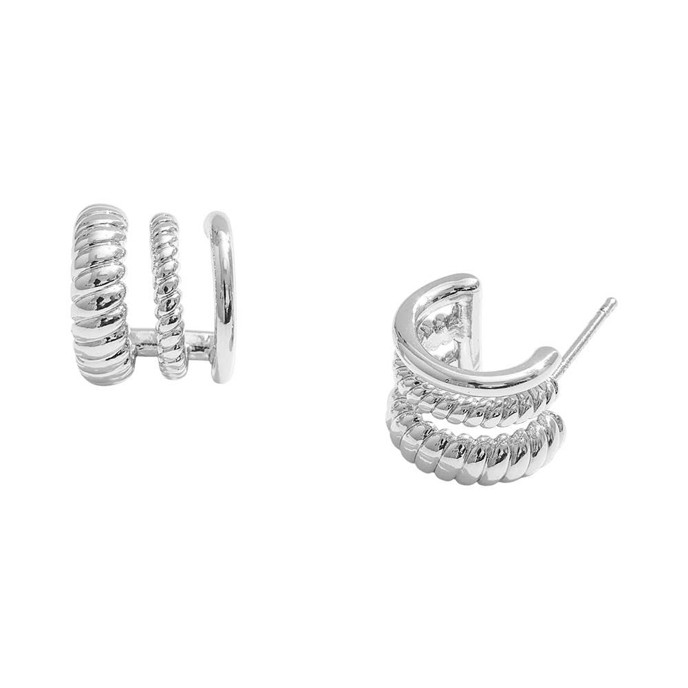 14K Gold Dipped Triple Rope Textured Hoop Earrings: Silver