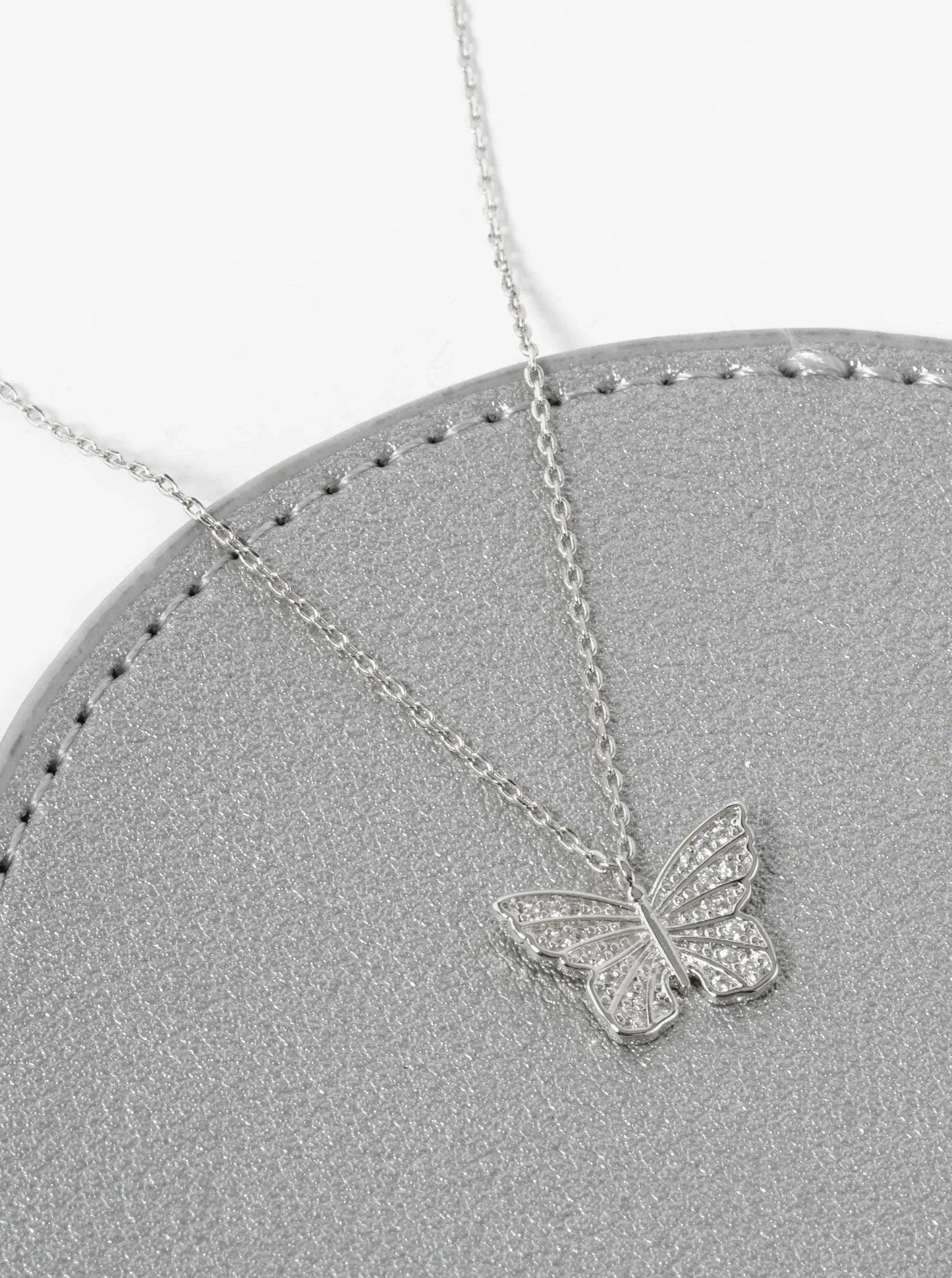 White Gold Dipped Pave Cubic Zirconia Butterfly Pendant Necklace: Gold