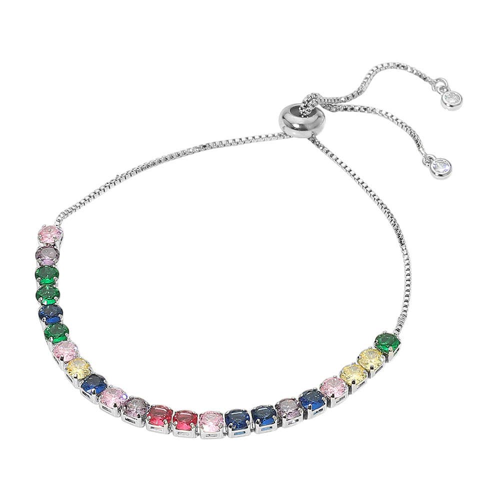 Stainless Steel Round CZ Tennis Chain Pull Tie Bracelet: Multi