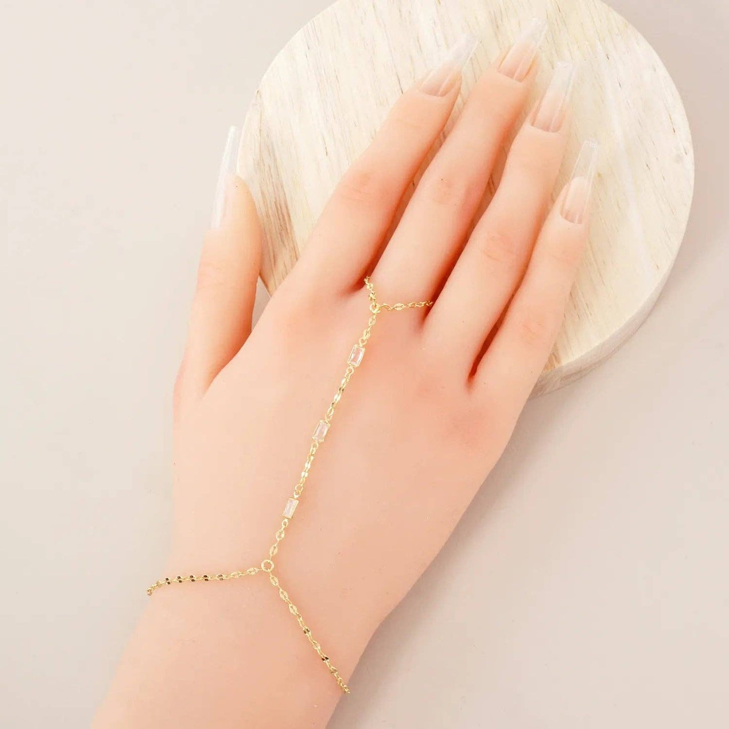 Three Rectangle CZ Accent 18K-Gold-Dipped Delicate Brass Hand-Chain Bracelet: Gold