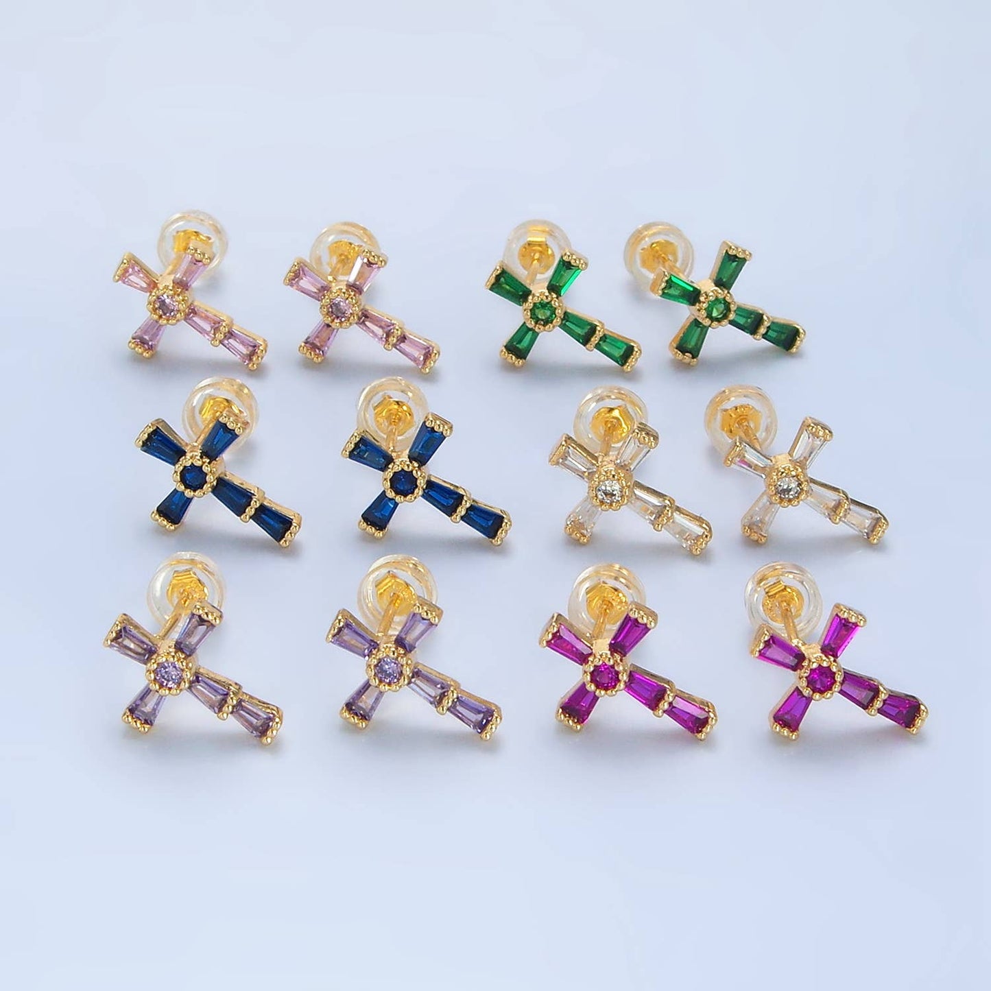 24K Gold Filled CZ Religious Cross Studs | P053 - P061 : Fuchsia