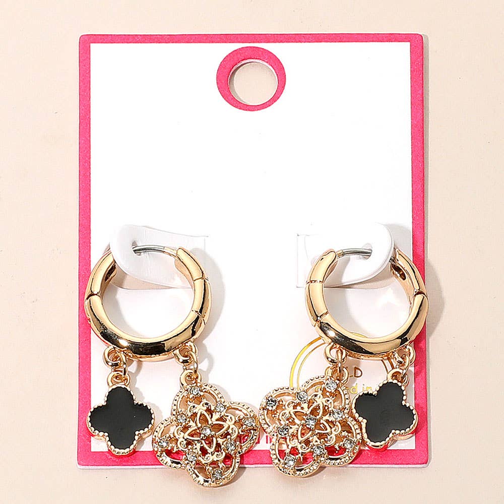 Gold Dipped Quatrefoil Huggie Hoop Earrings: Gold,Red