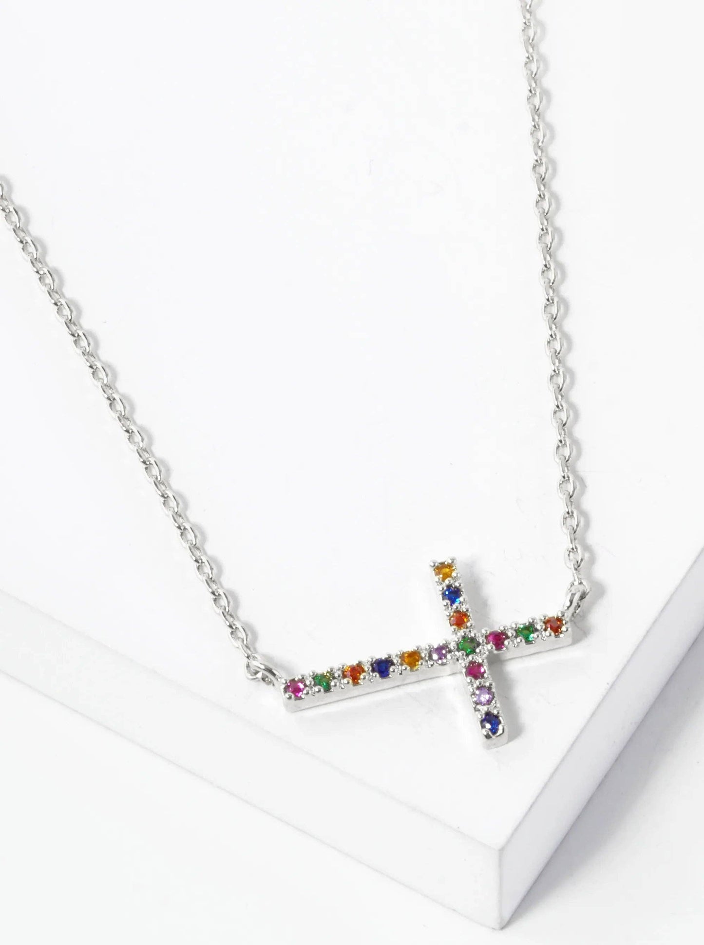 White Gold Dipped Cubic Zirconia Pave Sideways Cross Pendant Necklace: Gold