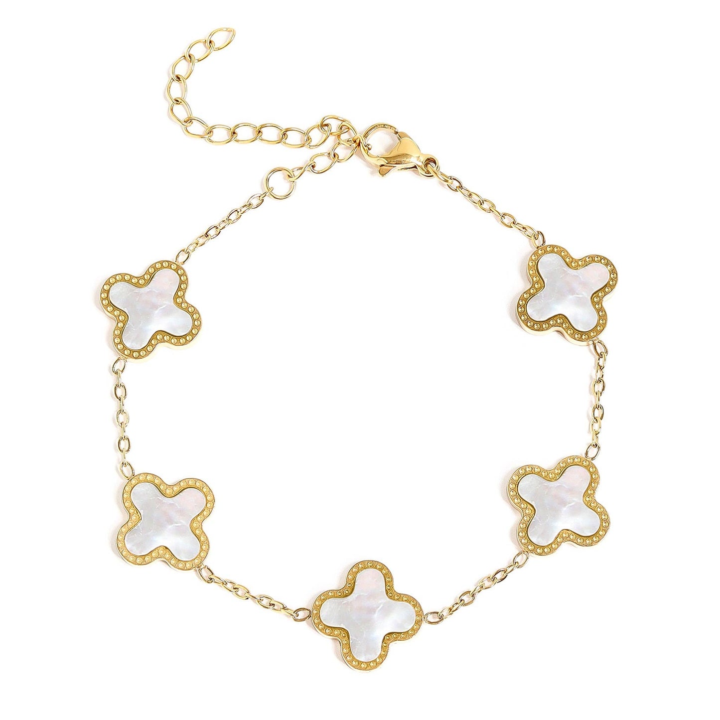 18K Gold PVD Stainless Steel Lucky Clover Charm Bracelet: Pearl / Gold