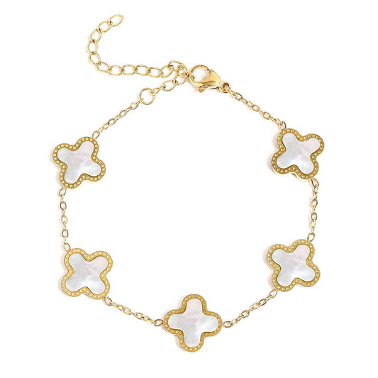 18K Gold PVD Stainless Steel Lucky Clover Charm Bracelet: Pearl / Gold
