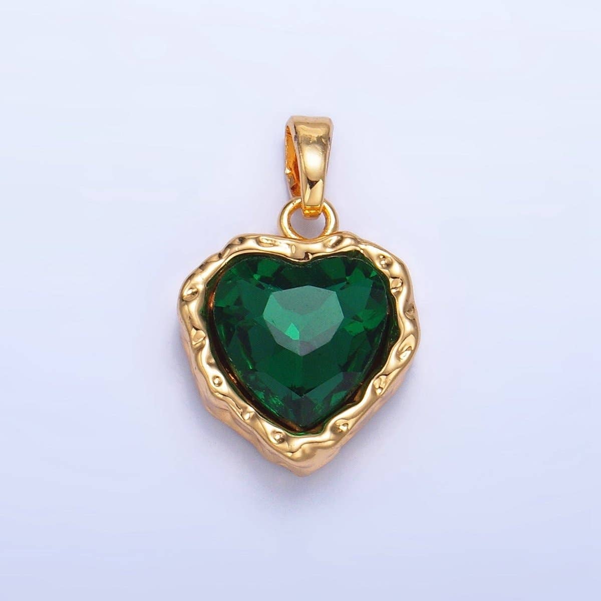 24K Gold Filled Heart Green CZ Molten Hammered Bezel Pendant | AA1194