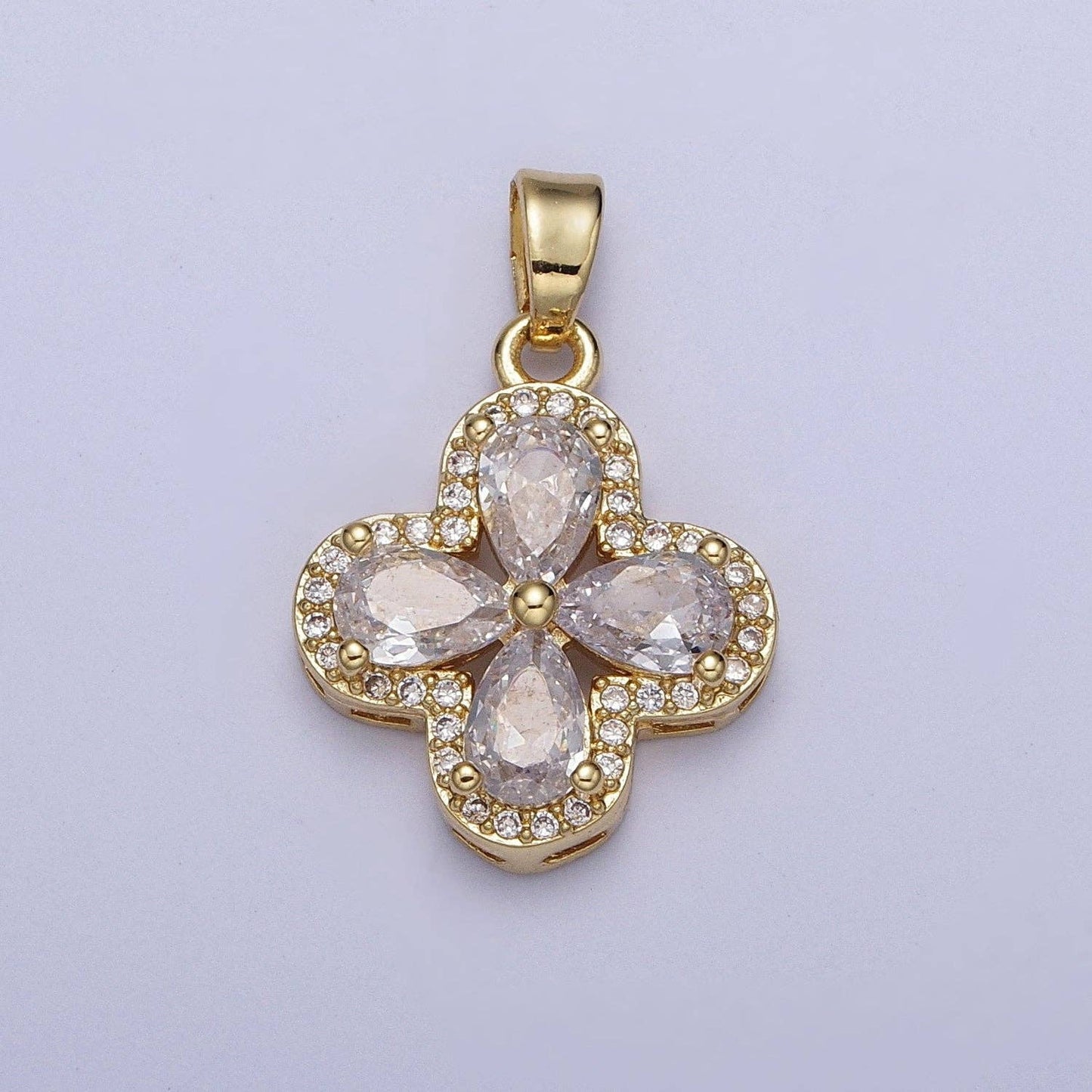 Micro Paved Quatrefoil Lucky Clover Pendant with Teardrop Cubic Zirconia Pendant For DIY Necklace Making | X-516-X-519: Clear