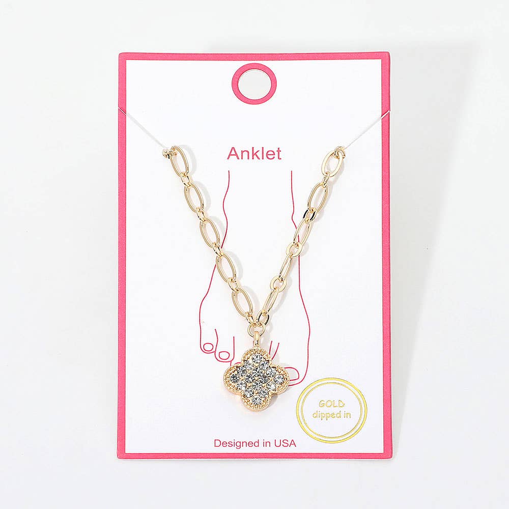 Gold Dipped Stone Pave Quatrefoil Charm Textured Paperclip Chain Anklet: Clear,Gold