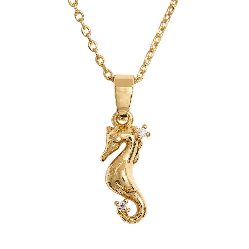 14K Gold Dipped CZ Stone Accent Seahorse Pendant Necklace
