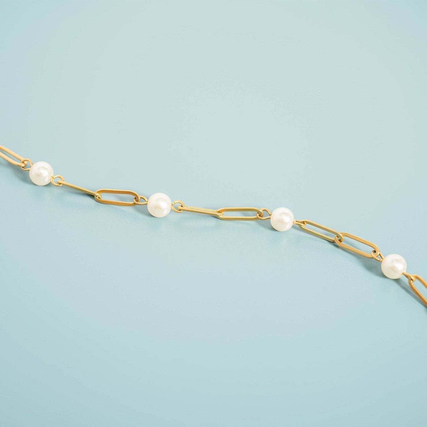 18K Gold PVD Steel Station Pearl Paperclip Chain Bracelet: Stainless