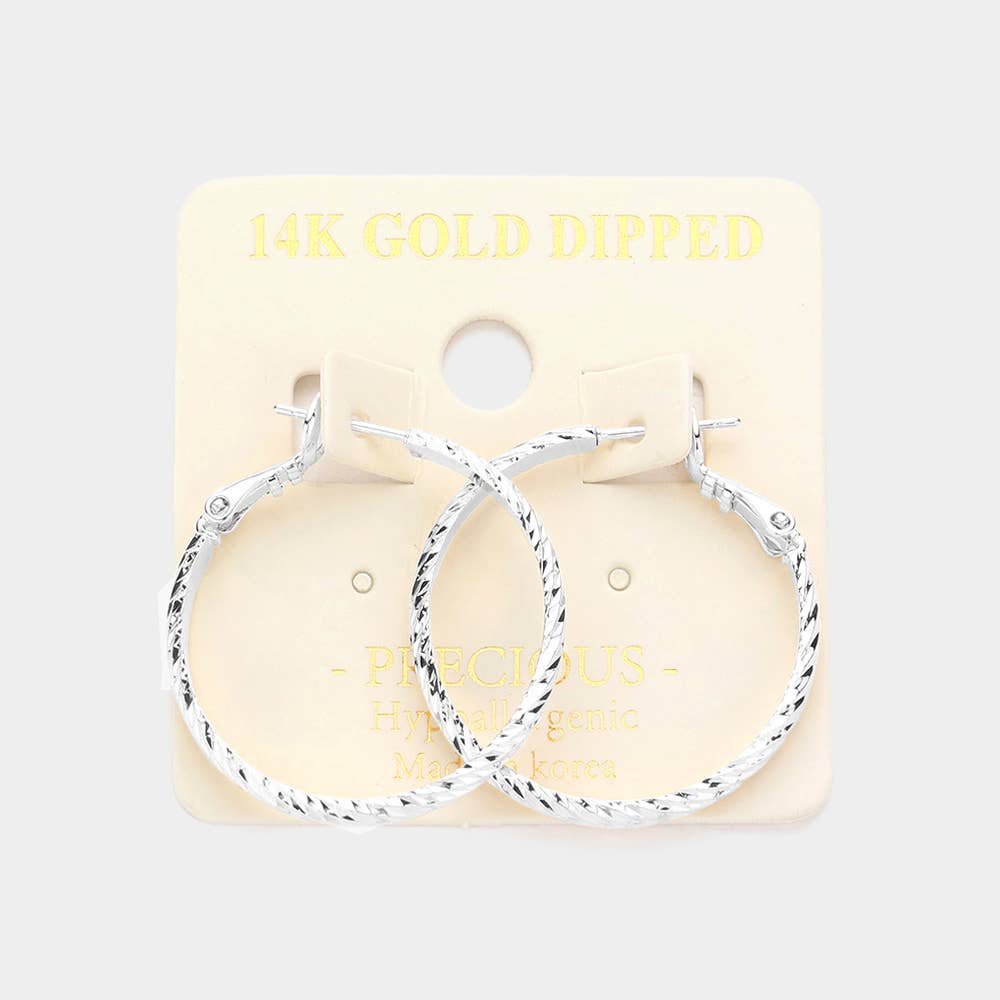 14K Gold Dipped 1.25 Inch Textured Metal Hoop Earrings: Gold