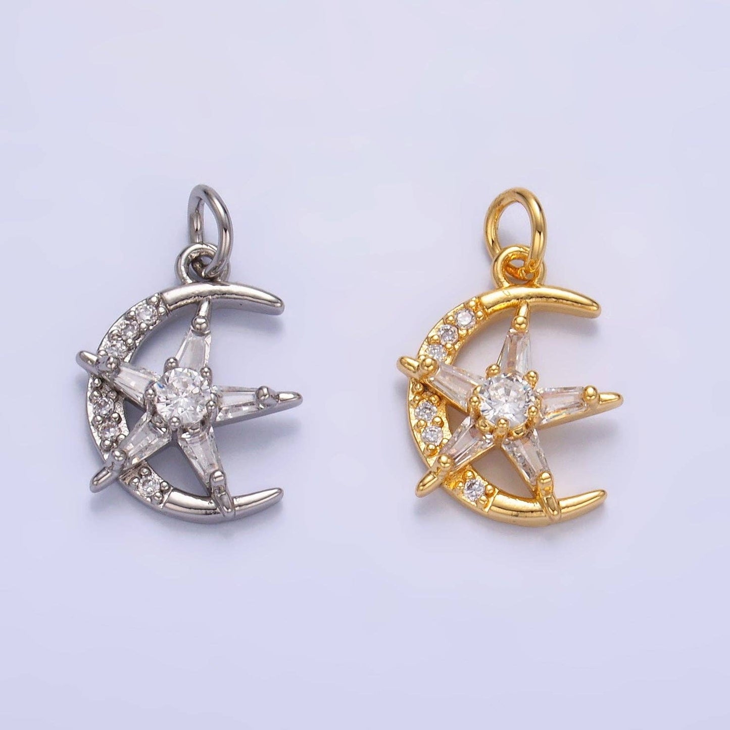 24K Gold Filled Celestial Crescent Moon Star Micro Paved CZ Mini Charm in Gold & Silver | W811: Silver