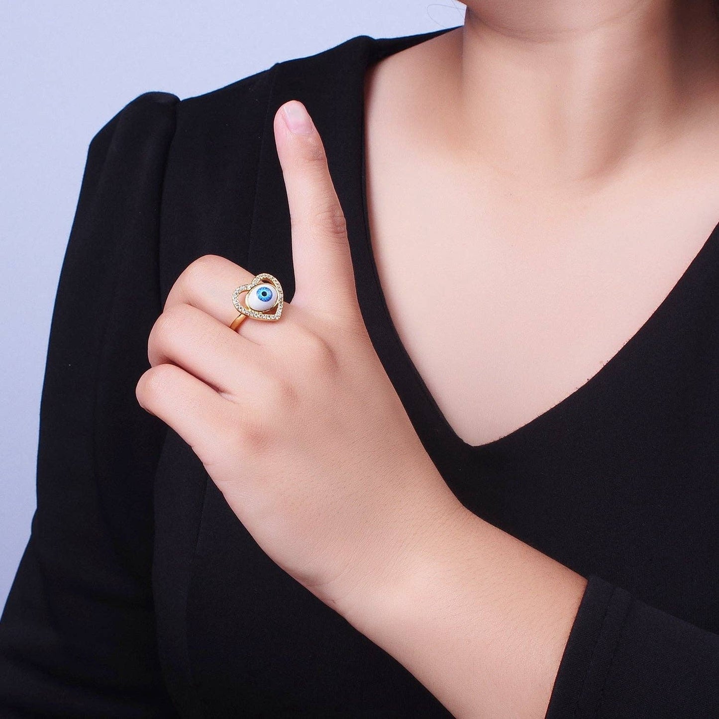 Blue Evil Eye Heart Love MicroPaved CZ Bezel Open Ring O2004
