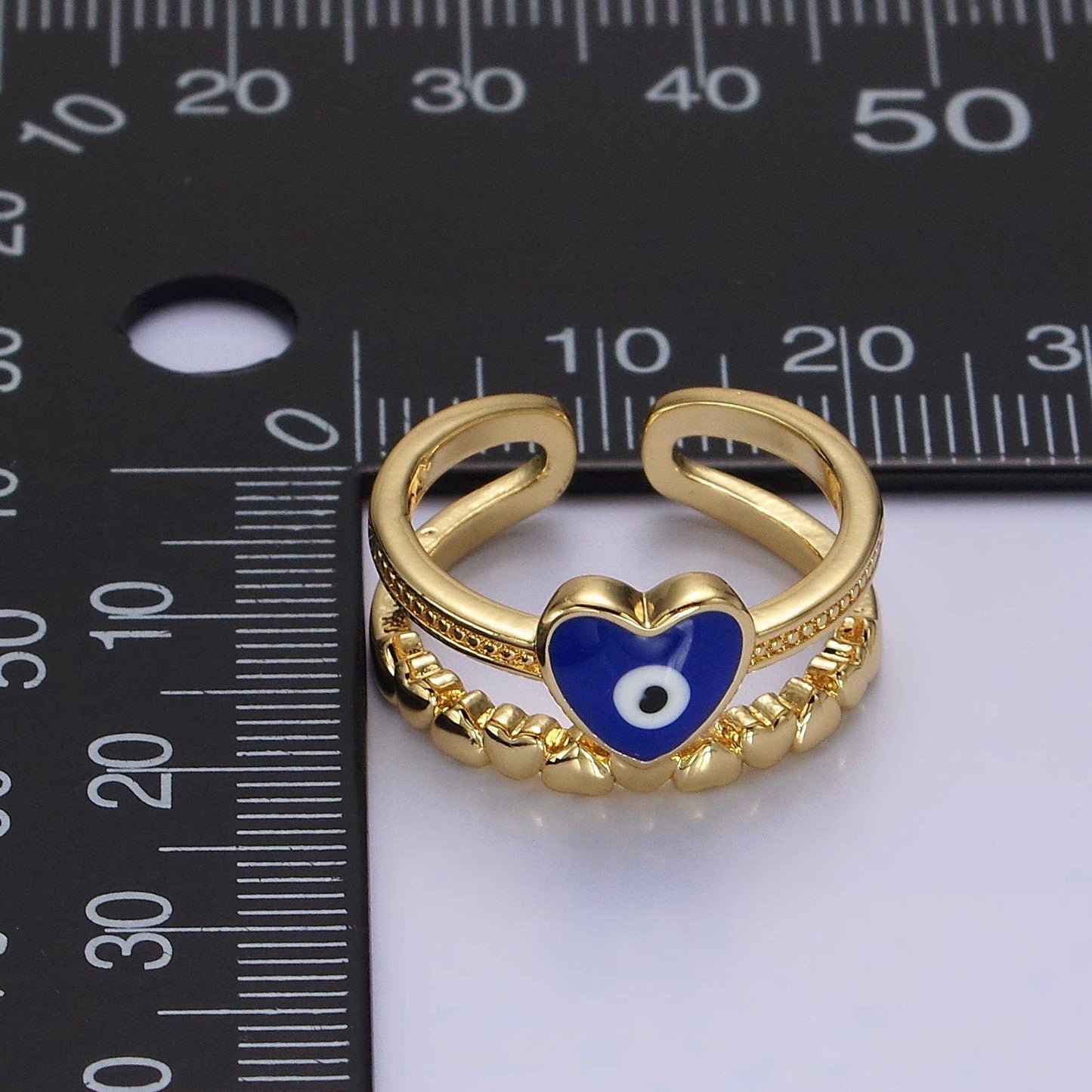 GoldFilled White/Blue Evil Eye Heart Beaded Double Band Ring: White