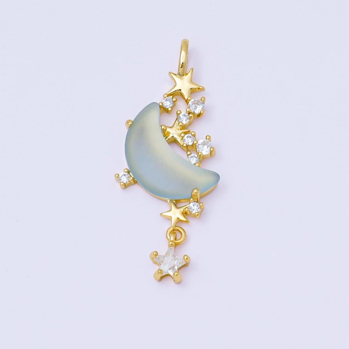 24K Gold Filled 27.5mm Micro Paved CZ Blue, Pink, Clear Stars Moonlight Set Drop Pendant | AA1628 AA1629: Blue
