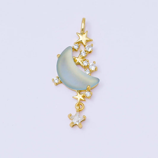 24K Gold Filled 27.5mm Micro Paved CZ Blue, Pink, Clear Stars Moonlight Set Drop Pendant | AA1628 AA1629: Blue