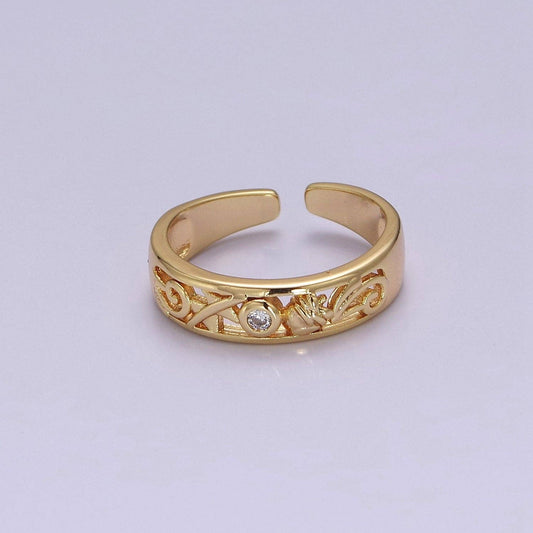 Dainty Gold Ring Carved Art with Round Bezel Cut Cz Stone O-2082