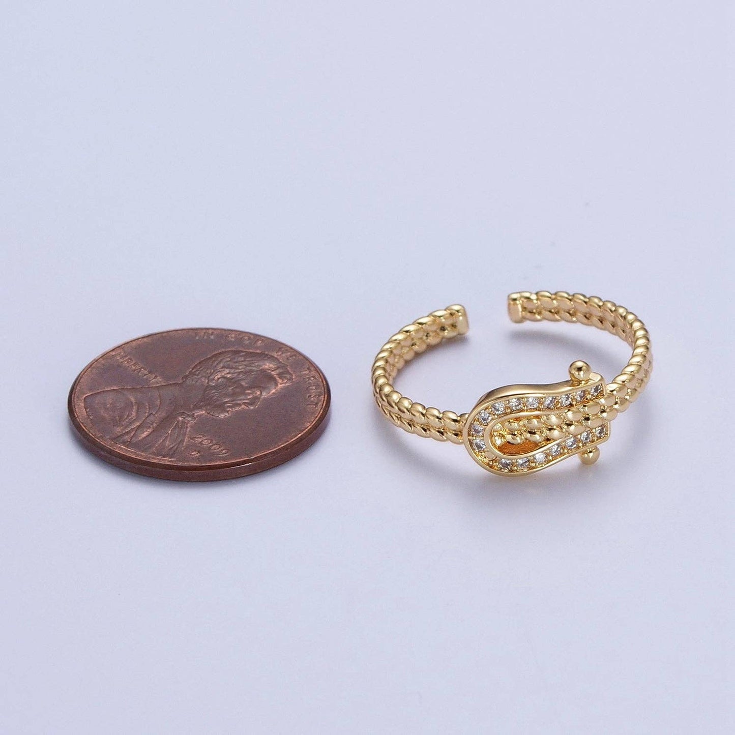 Gold Micro Paved Clear Cubic Zirconia Belt Buckle Twisted Braided Adjustable Ring | X585