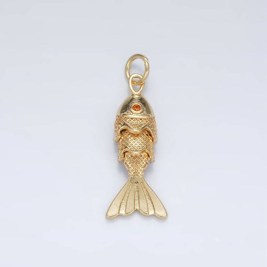 24K Gold Filled 25mm Orange CZ Multidimensional Textured Fish Sea Animal Charm | AG925
