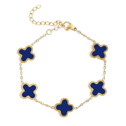 18K Gold PVD Stainless Steel Lucky Clover Charm Bracelet: Blue / Gold