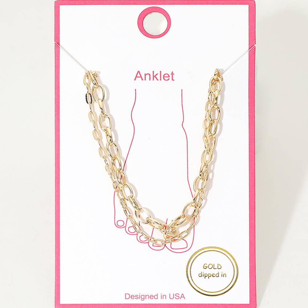 Gold Dipped Oval Link Chain Layered Anklet: Gold