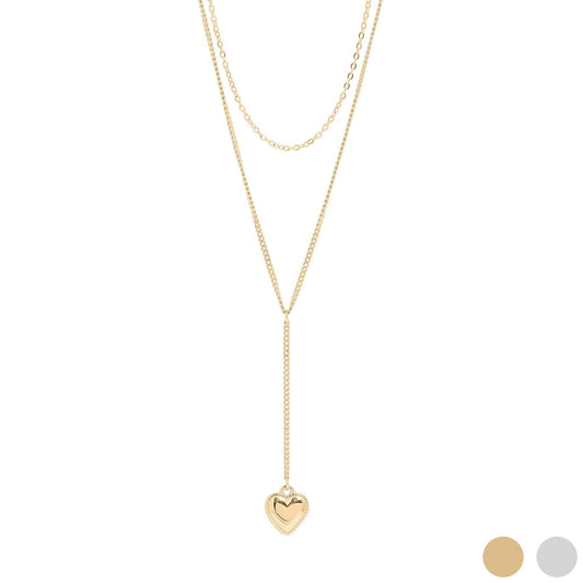 18K Gold PVD Stainless Steel Layered Lariat Heart Charm Necklace: Gold