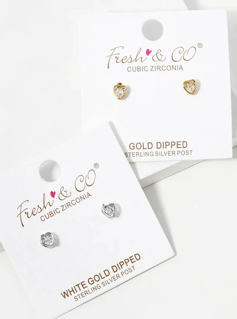 White Gold Dipped CZ Heart Stud Earrings: Gold