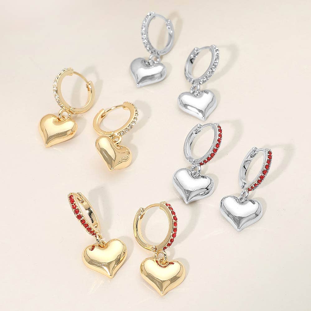 Gold Dipped Heart Charm Drop Dangle Stone Pave Huggie Hoop Earrings: Gold,Siam