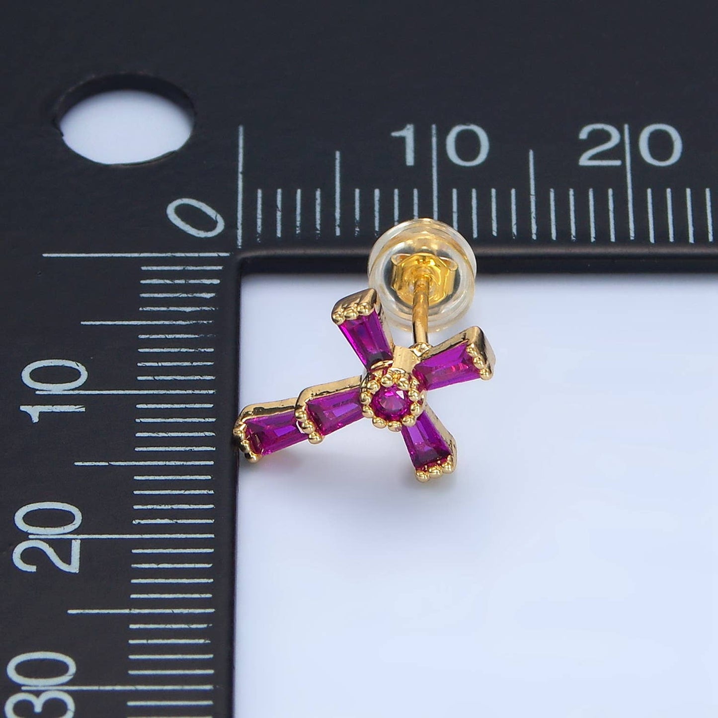 24K Gold Filled CZ Religious Cross Studs | P053 - P061 : Fuchsia