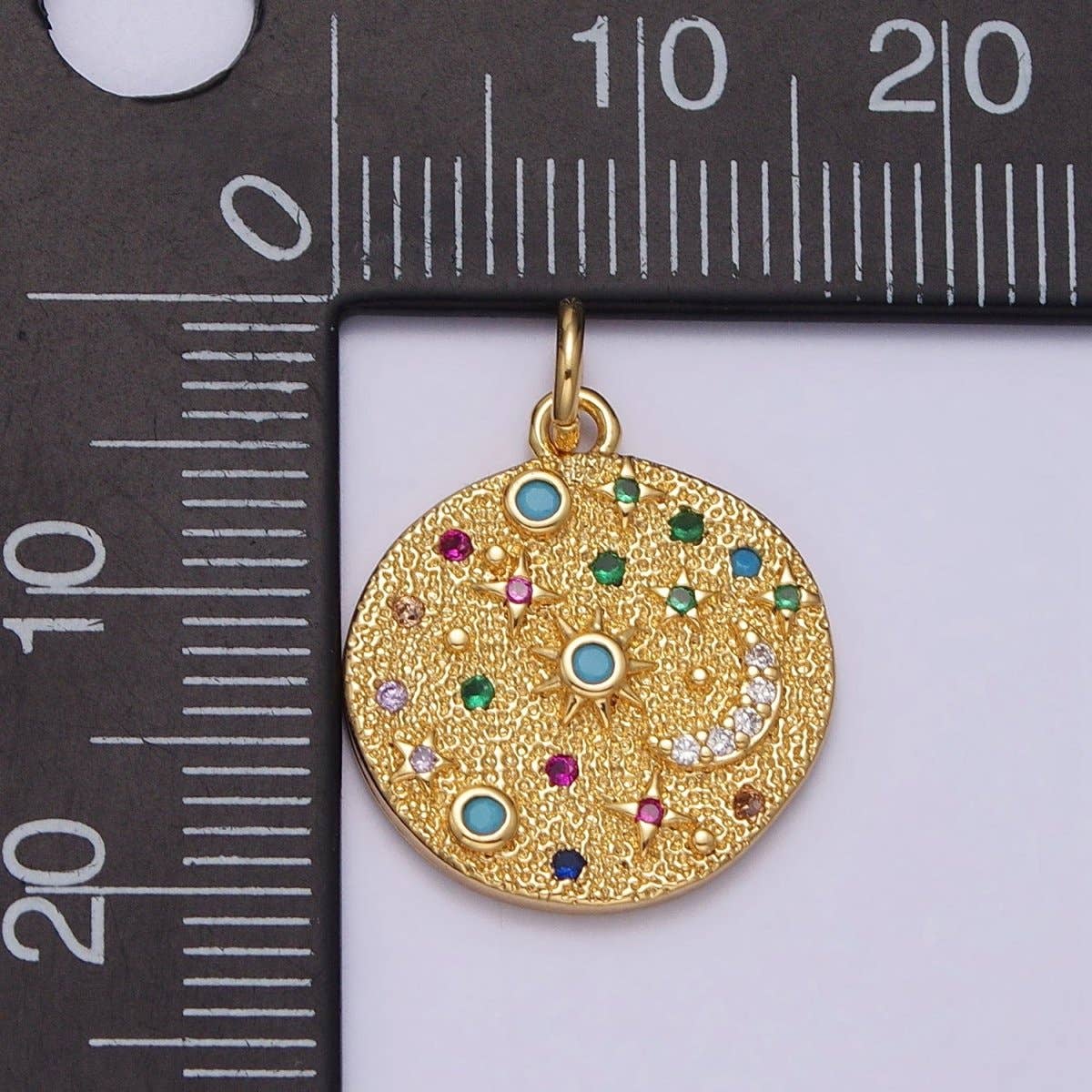 Gold Filled Celestial CZ Crescent Moon Star Sun Dotted Hammered Coin Charm in Gold & Silver | AC256 AC257: Gold
