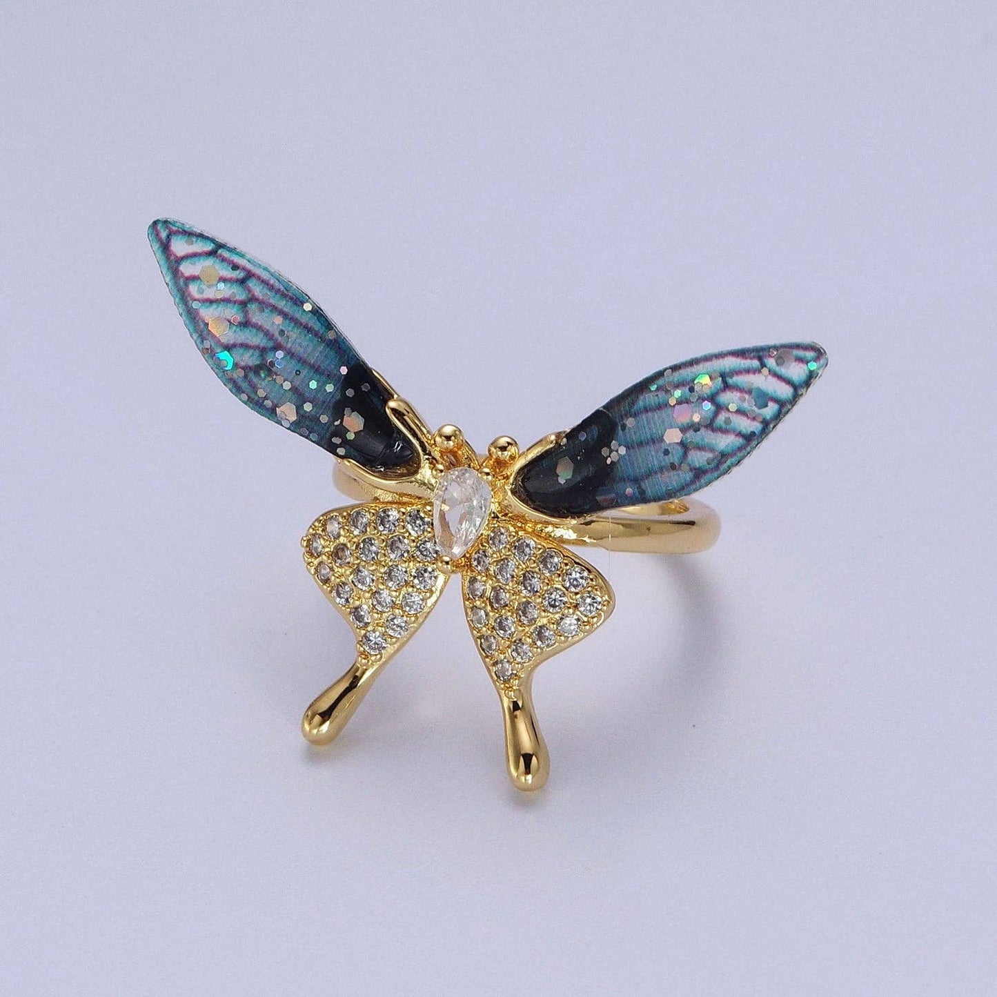 Fuchsia, Blue Micro Paved Butterfly Wings Teardrop Insect Gold Rings | Y400 Y401: Blue
