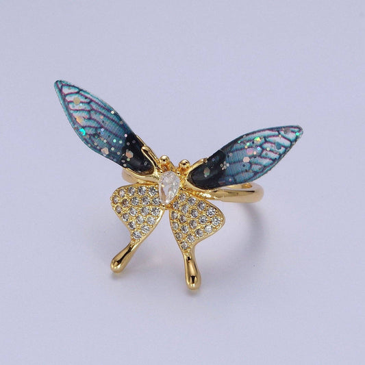 Fuchsia, Blue Micro Paved Butterfly Wings Teardrop Insect Gold Rings | Y400 Y401: Blue