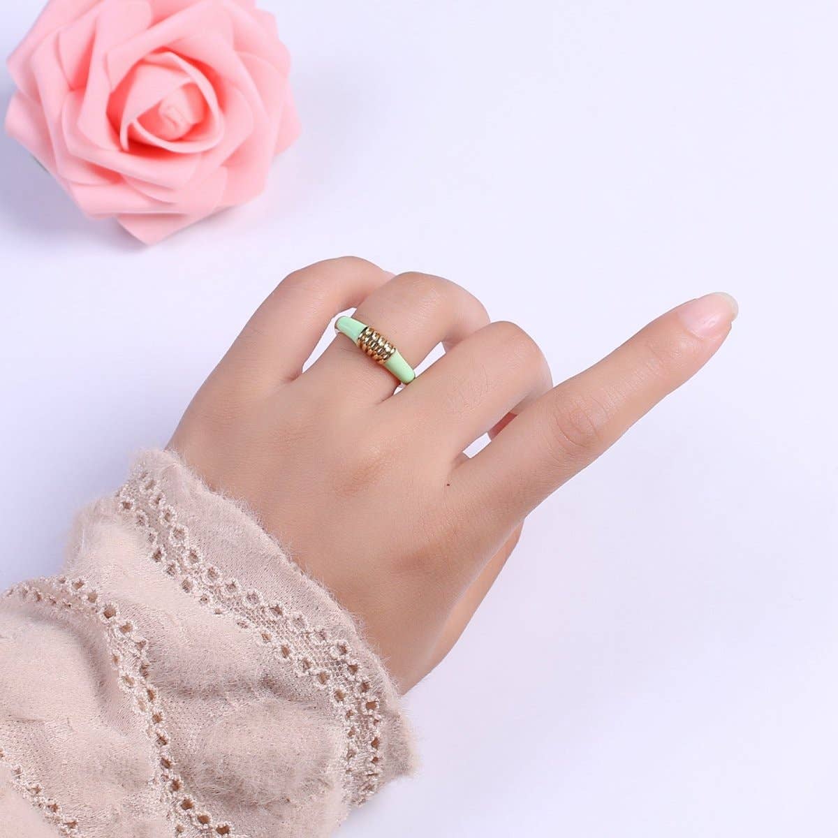 Colorful Pastel Enamel Ring • Gold Filled Multicolor Open Band • Green Pink Black White Minimalist Stackable Ring U-115~U-118: Black