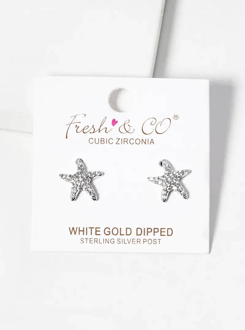 White Gold Dipped CZ Pave Starfish Post Stud Earrings: Gold