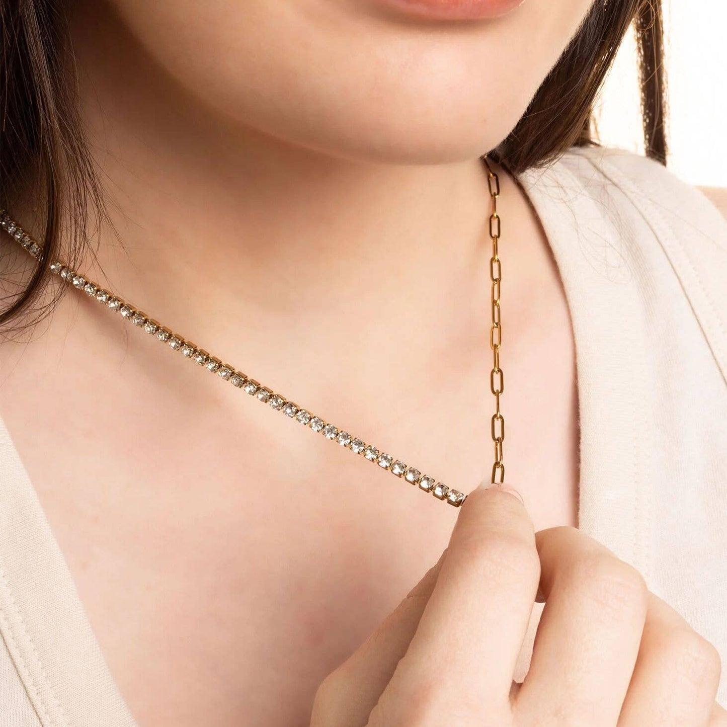 Paperclip Tennis Chain Split Necklace: Gold