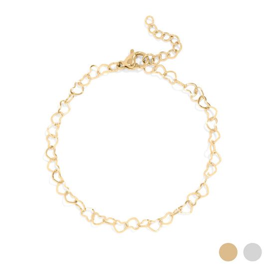 18K Gold PVD Stainless Steel Linked Heart Chain Bracelet: Gold