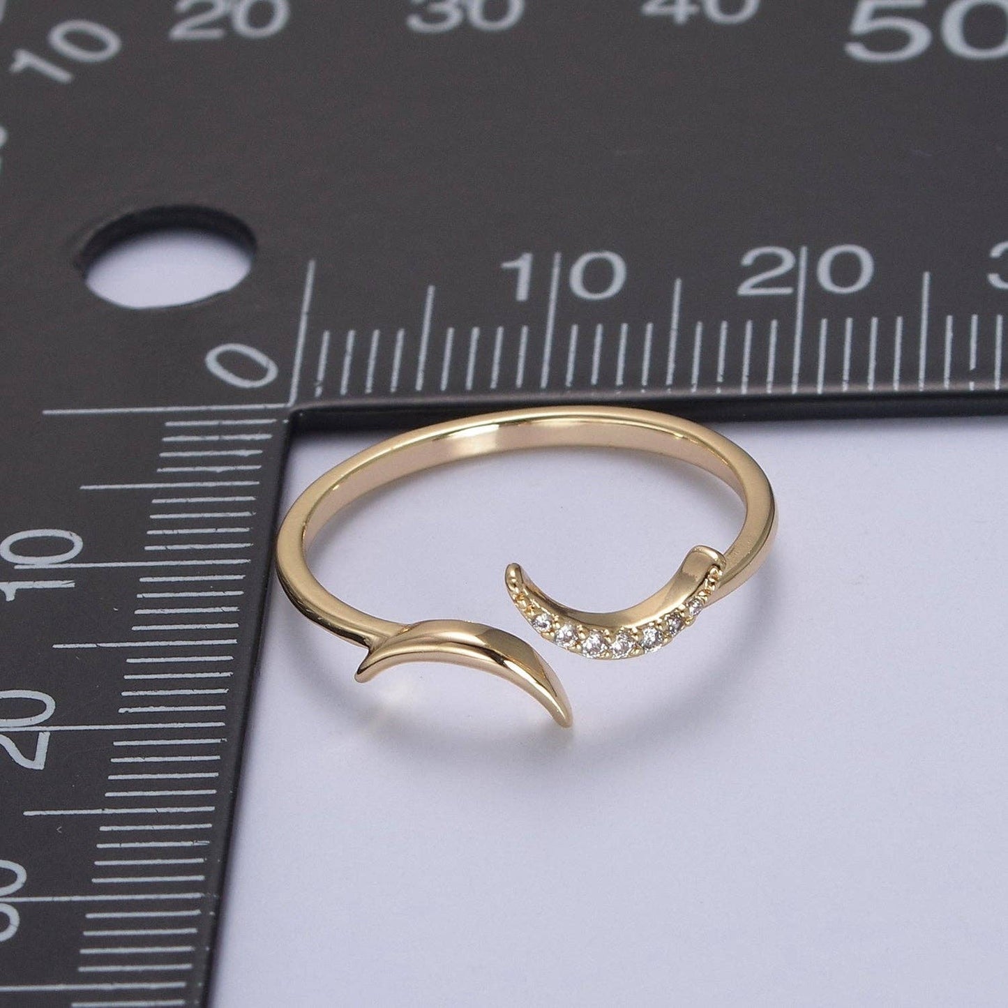 16K Gold Filled Double Crescent Moon Ring, Celestial Crystal Zirconia CZ Adjustable Open Ring | U425