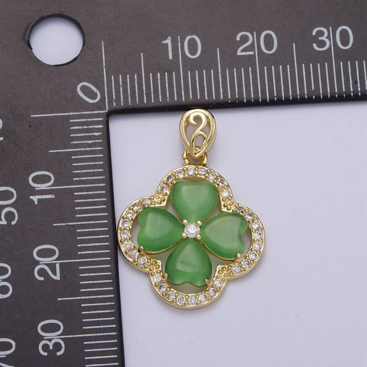 Gold Green Quatrefoil Lucky Clover Micro Paved CZ Pendant For St. Patrick's Day Jewelry Making | X-541