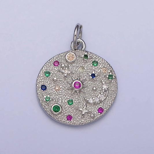 Gold Filled Celestial CZ Crescent Moon Star Sun Dotted Hammered Coin Charm in Gold & Silver | AC256 AC257: Silver