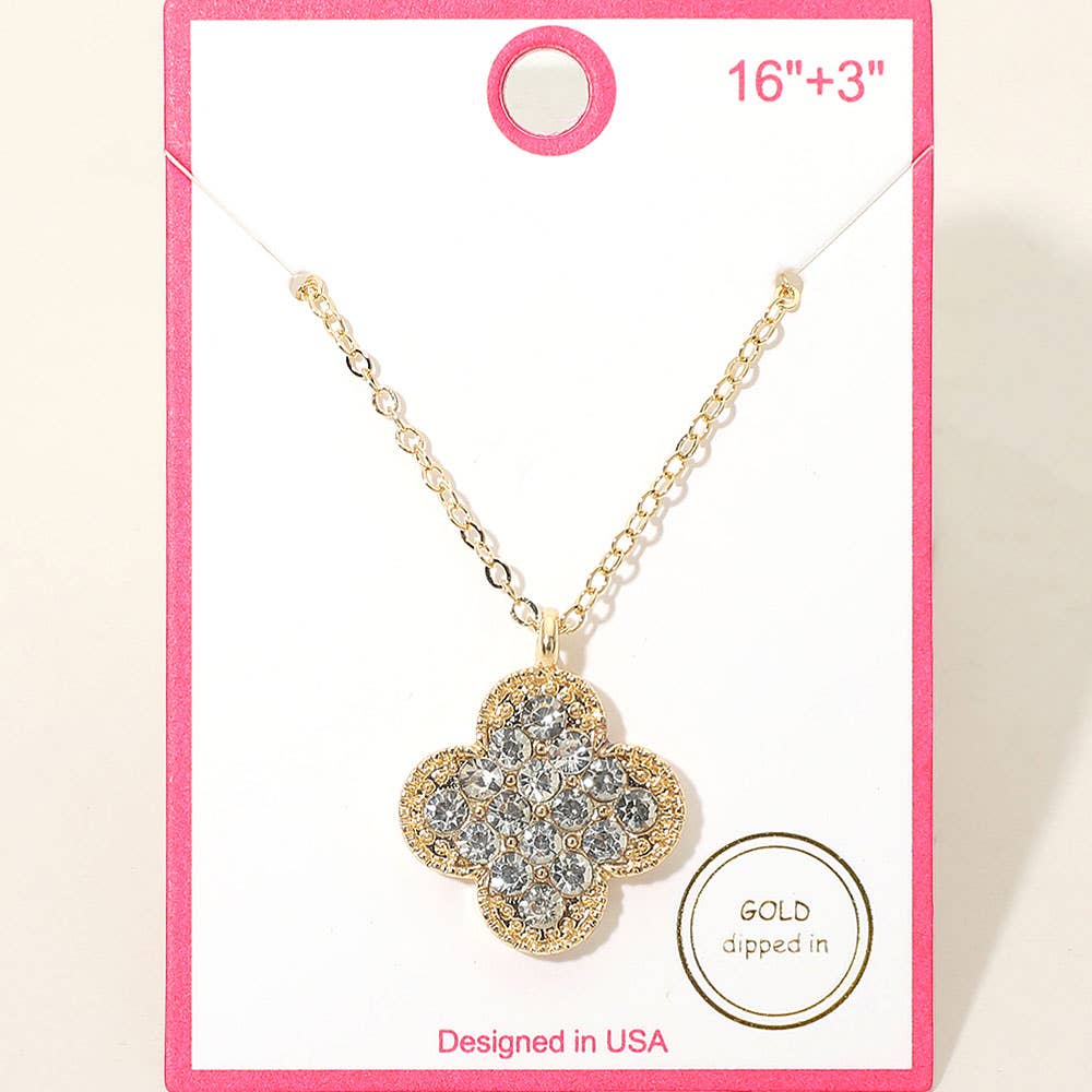 Gold Dipped Stone Pave Quatrefoil Pendant Necklace: Clear,Gold
